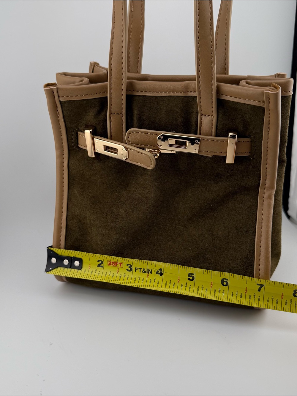 NWT Remi and Reid Green/Tan Faux Suede and Faux Leather Mini Tote and Crossbody - Picture 7 of 16
